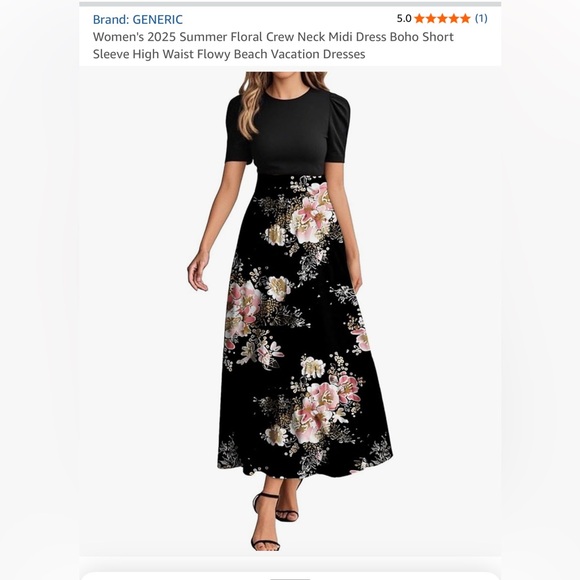 Black Floral Short Sleeve Midi Dress ** NEW, NEVER WORN** - Picture 3 of 5